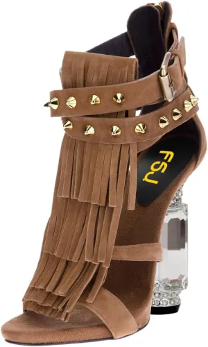 FSJ Women Tassels Gladiator Heeled Sandals Open Toe Stiletto High Heel Fringed Rivets Ankle Strap Back Zipper Shoes Size 4-15 US