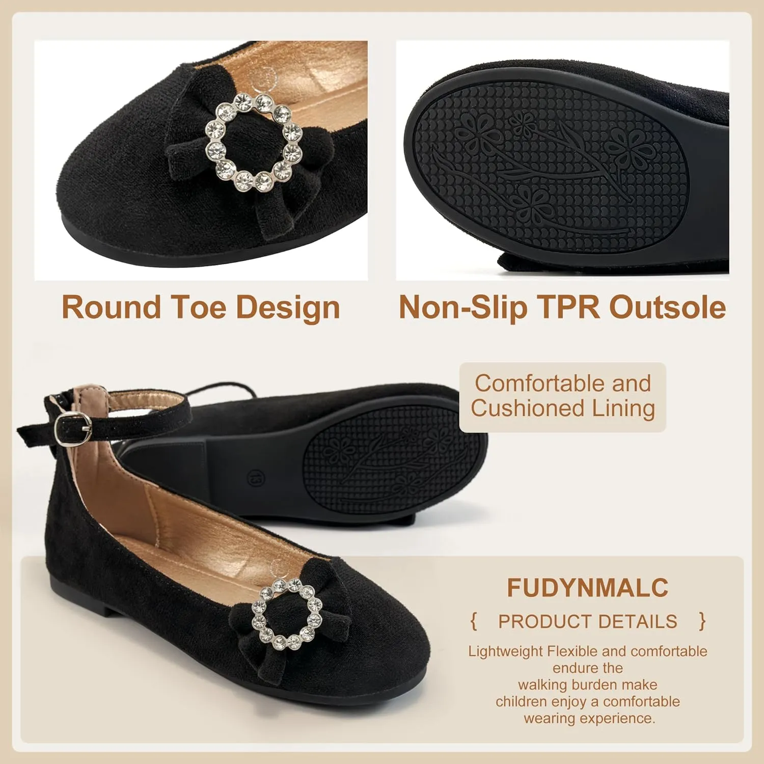 FUDYNMALC Girls Dress Shoes Ballet: Rhinestones Bow Princess Flats for Toddle Little Big Kids Mary Jane Footwear Wedding Party