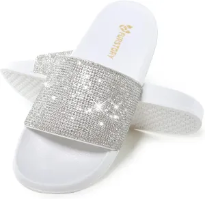 Fur Story Womens Slides House Slippers Rhinestone Glitter Slides Cute bling Flat for Women Platform Sandals Cozy Bedroom Slippers Shower Shoes