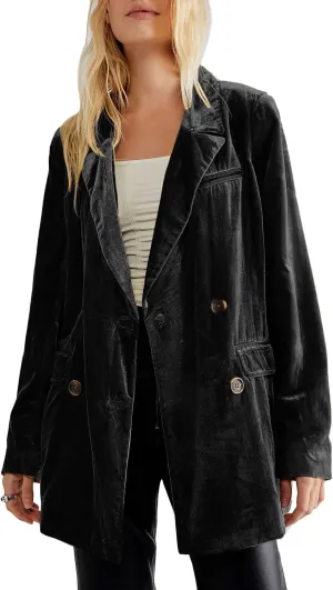 futurino Women's Solid Color Long Sleeve Velvet Jacket Open Front Casual Suit Cardigan Mid-Length Coat
