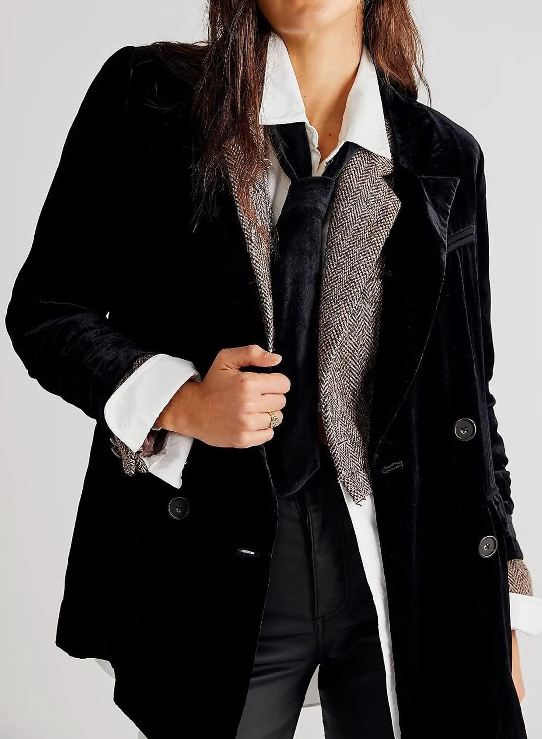 futurino Women's Solid Color Long Sleeve Velvet Jacket Open Front Casual Suit Cardigan Mid-Length Coat
