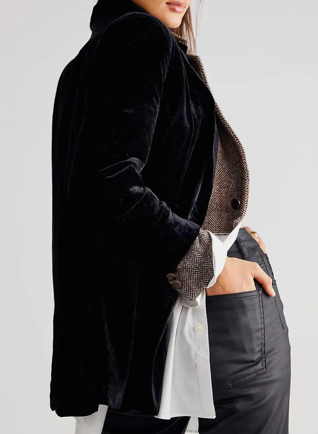 futurino Women's Solid Color Long Sleeve Velvet Jacket Open Front Casual Suit Cardigan Mid-Length Coat