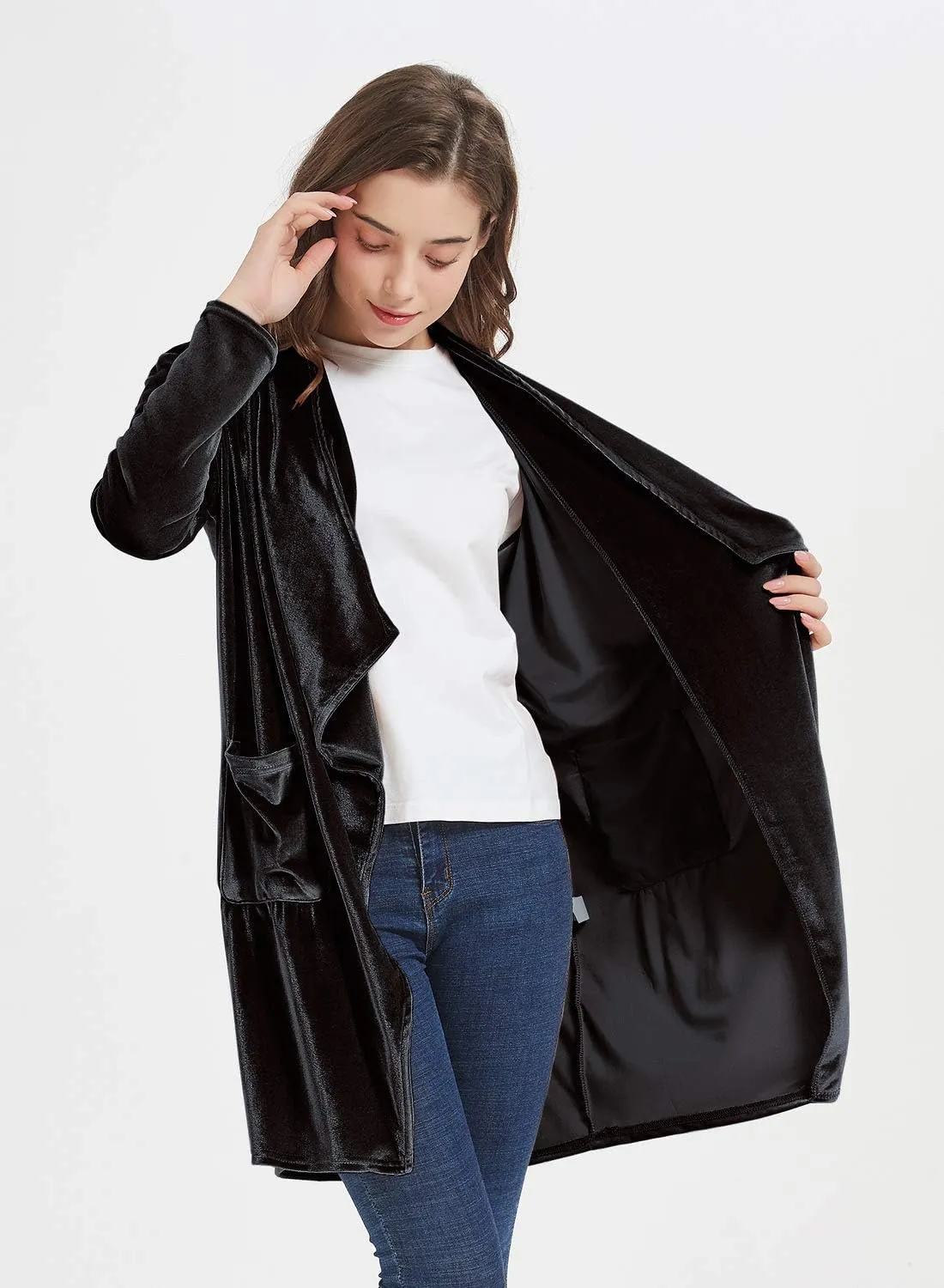 futurino Women's Solid Long Sleeve Velvet Jacket Open Front Cardigan Coat with Pockets Outerwear
