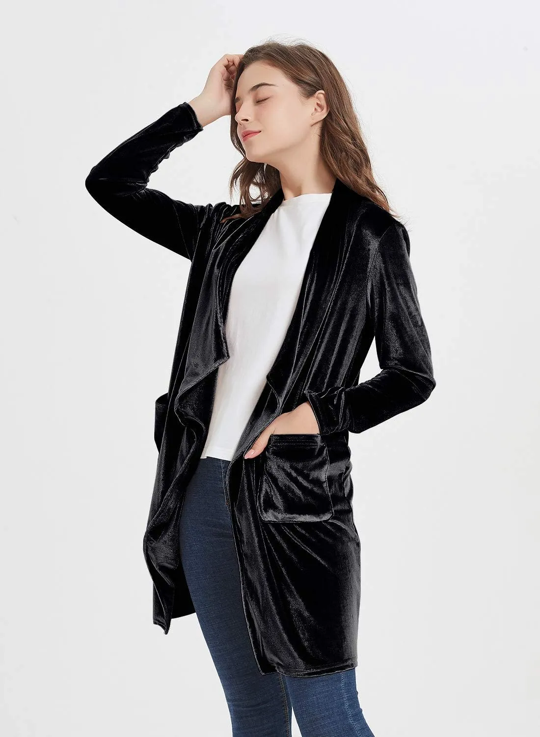 futurino Women's Solid Long Sleeve Velvet Jacket Open Front Cardigan Coat with Pockets Outerwear