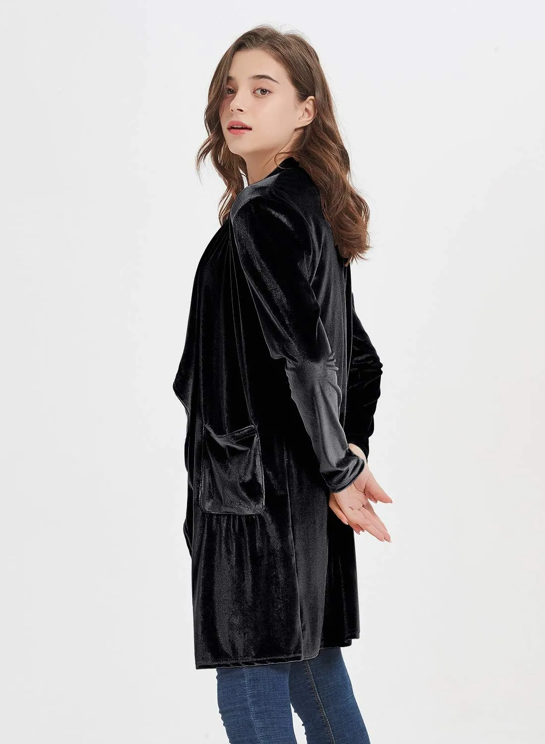 futurino Women's Solid Long Sleeve Velvet Jacket Open Front Cardigan Coat with Pockets Outerwear