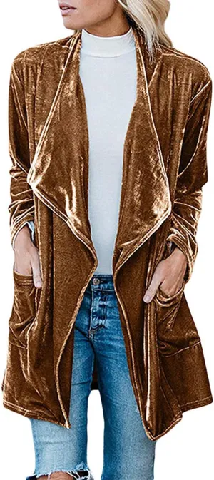 futurino Women's Solid Long Sleeve Velvet Jacket Open Front Cardigan Coat with Pockets Outerwear