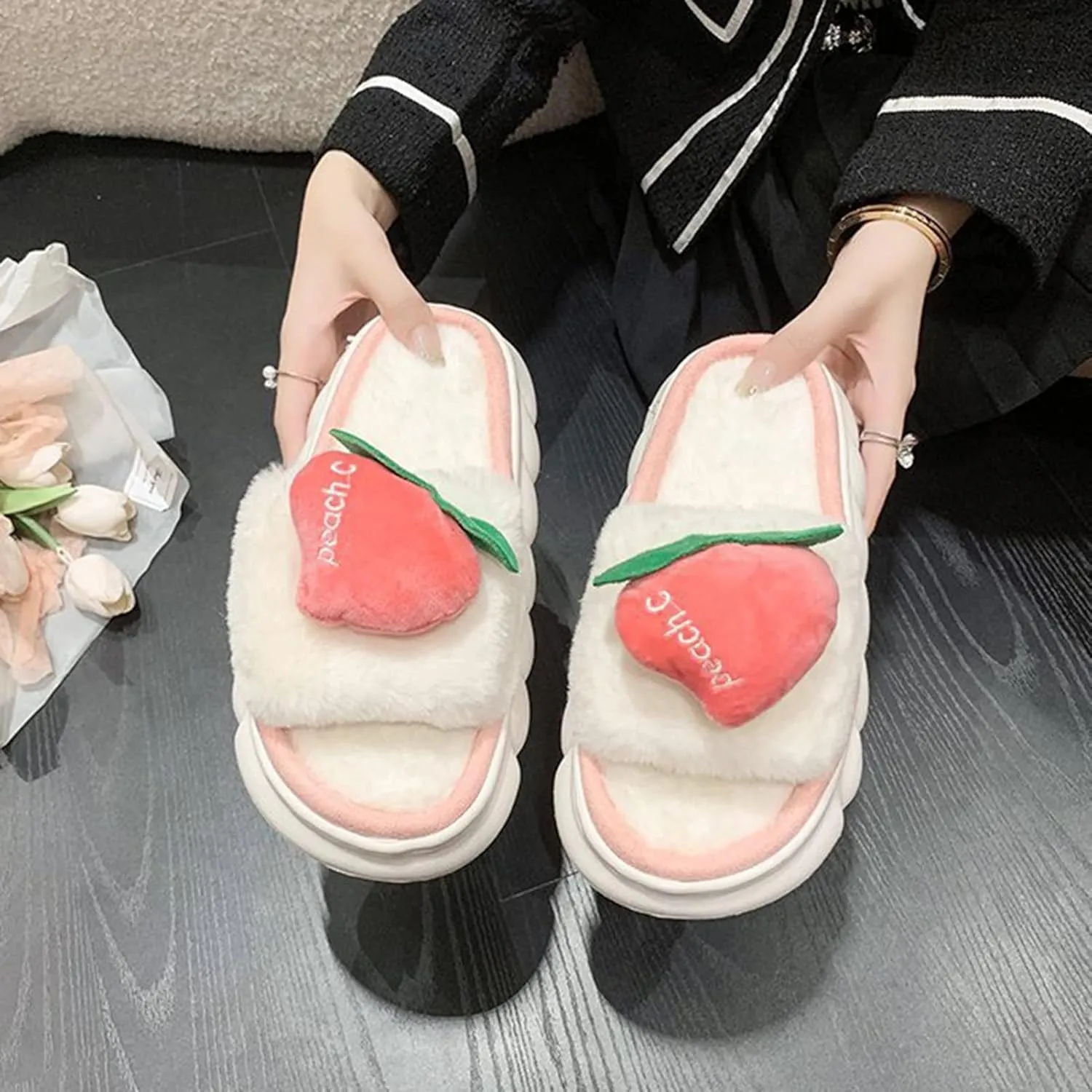 Fuzzy Colorful Fruits House Slippers Soft Plush Furry Open Toe Cozy Winter Comfy Breathable Sandals Thick Soled Shoes for Women And Girls