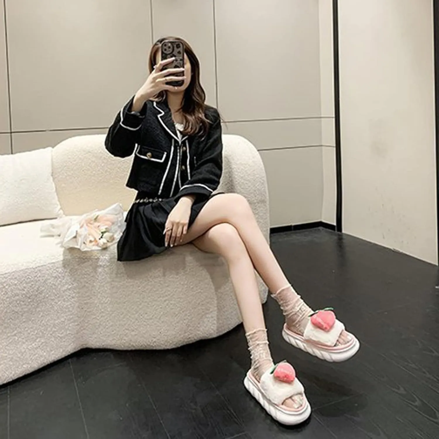Fuzzy Colorful Fruits House Slippers Soft Plush Furry Open Toe Cozy Winter Comfy Breathable Sandals Thick Soled Shoes for Women And Girls
