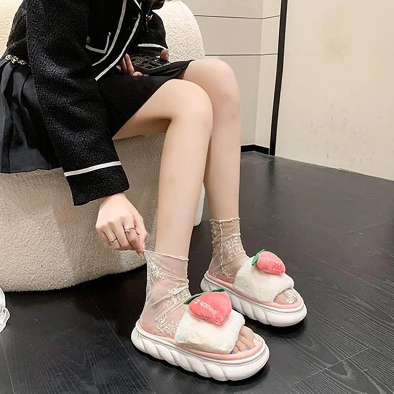 Fuzzy Colorful Fruits House Slippers Soft Plush Furry Open Toe Cozy Winter Comfy Breathable Sandals Thick Soled Shoes for Women And Girls