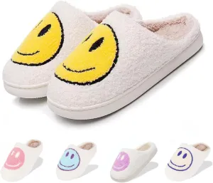 Fuzzy Slippers for Women Men, Cute Retro Fluffy Happy Face House Slippers, Plush Memory Foam Slippers for Women Indoor and Outdoor Cozy Trendy Slip-On Shoes