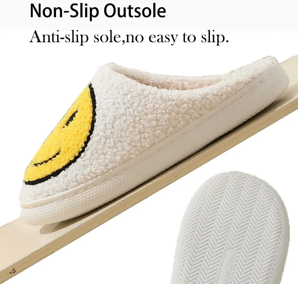 Fuzzy Slippers for Women Men, Cute Retro Fluffy Happy Face House Slippers, Plush Memory Foam Slippers for Women Indoor and Outdoor Cozy Trendy Slip-On Shoes