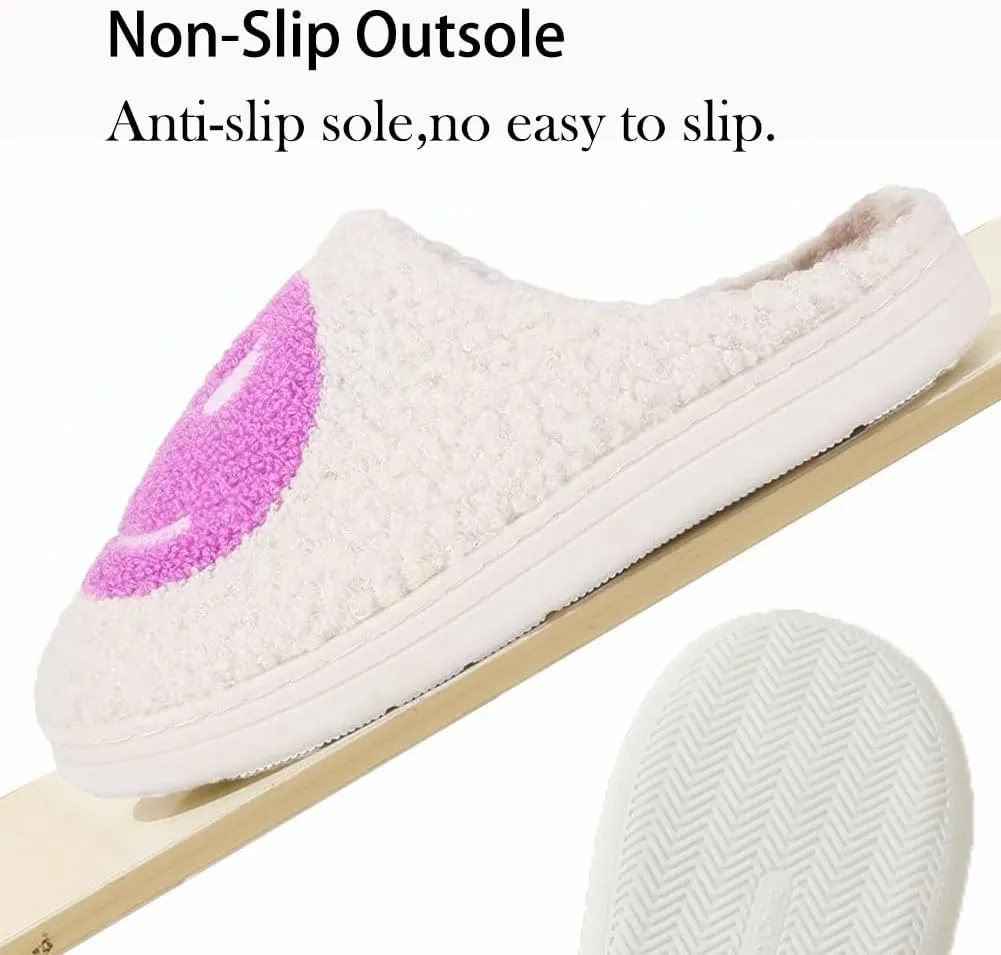 Fuzzy Slippers for Women Men, Cute Retro Fluffy Happy Face House Slippers, Plush Memory Foam Slippers for Women Indoor and Outdoor Cozy Trendy Slip-On Shoes