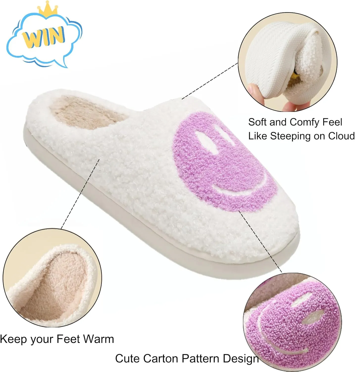 Fuzzy Slippers for Women Men, Cute Retro Fluffy Happy Face House Slippers, Plush Memory Foam Slippers for Women Indoor and Outdoor Cozy Trendy Slip-On Shoes