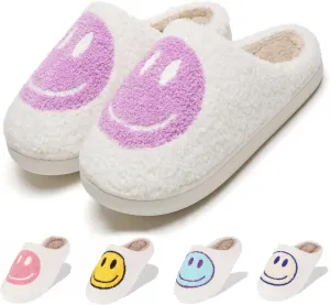 Fuzzy Slippers for Women Men, Cute Retro Fluffy Happy Face House Slippers, Plush Memory Foam Slippers for Women Indoor and Outdoor Cozy Trendy Slip-On Shoes