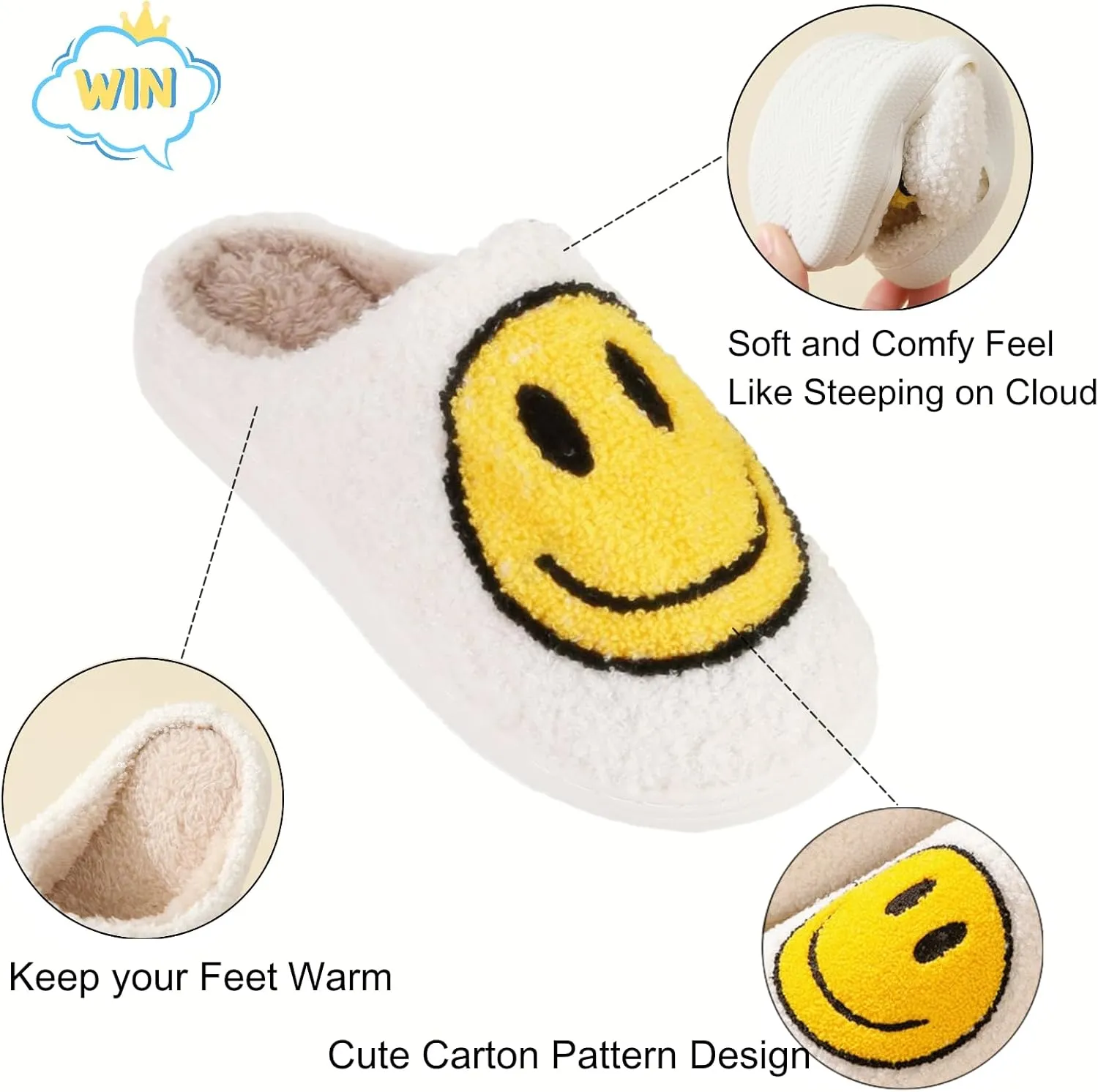 Fuzzy Slippers for Women Men, Cute Retro Fluffy Happy Face House Slippers, Plush Memory Foam Slippers for Women Indoor and Outdoor Cozy Trendy Slip-On Shoes