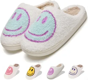 Fuzzy Slippers for Women Men, Cute Retro Fluffy Happy Face House Slippers, Plush Memory Foam Slippers for Women Indoor and Outdoor Cozy Trendy Slip-On Shoes