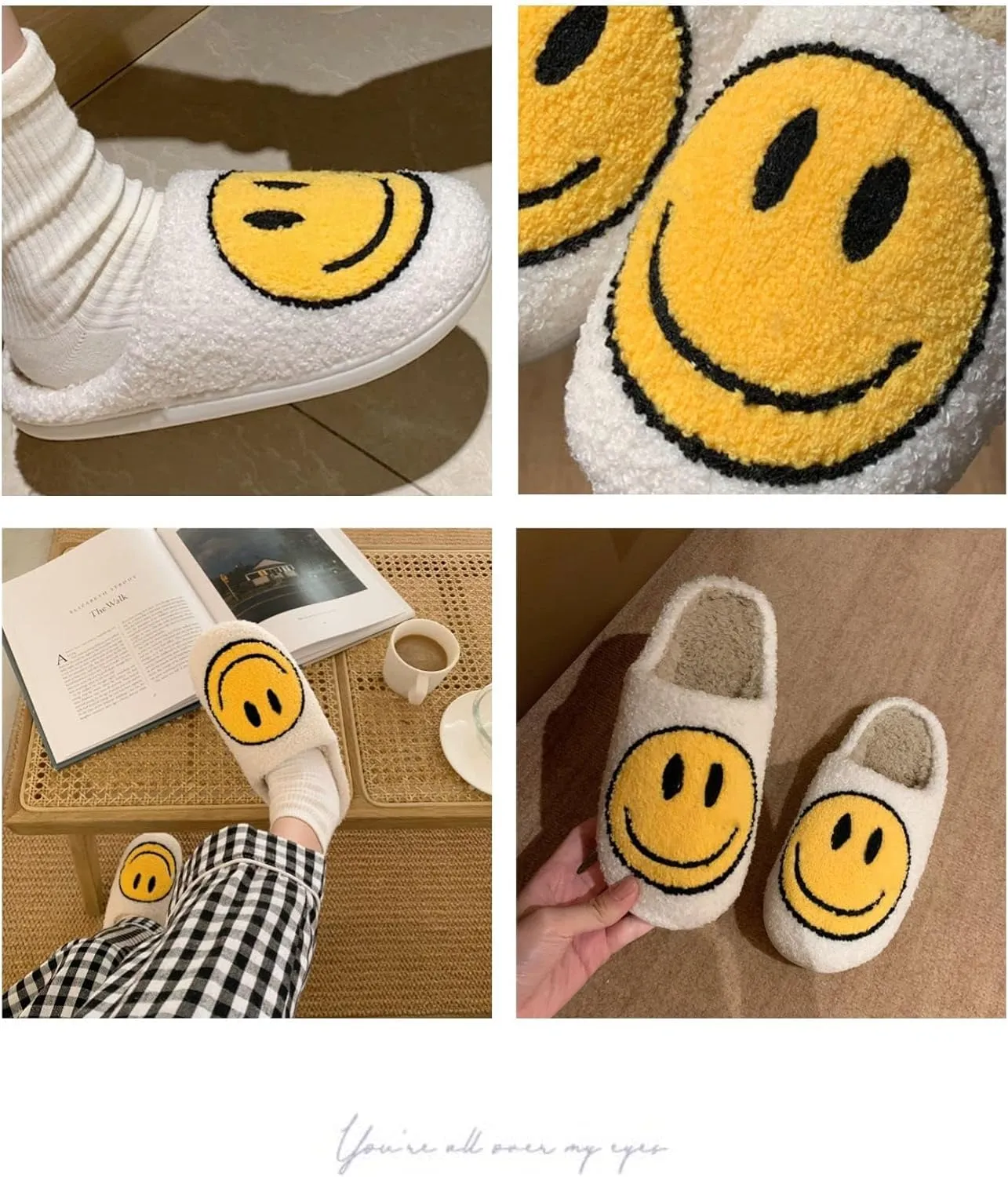 Fuzzy Slippers for Women Men, Cute Retro Fluffy Happy Face House Slippers, Plush Memory Foam Slippers for Women Indoor and Outdoor Cozy Trendy Slip-On Shoes