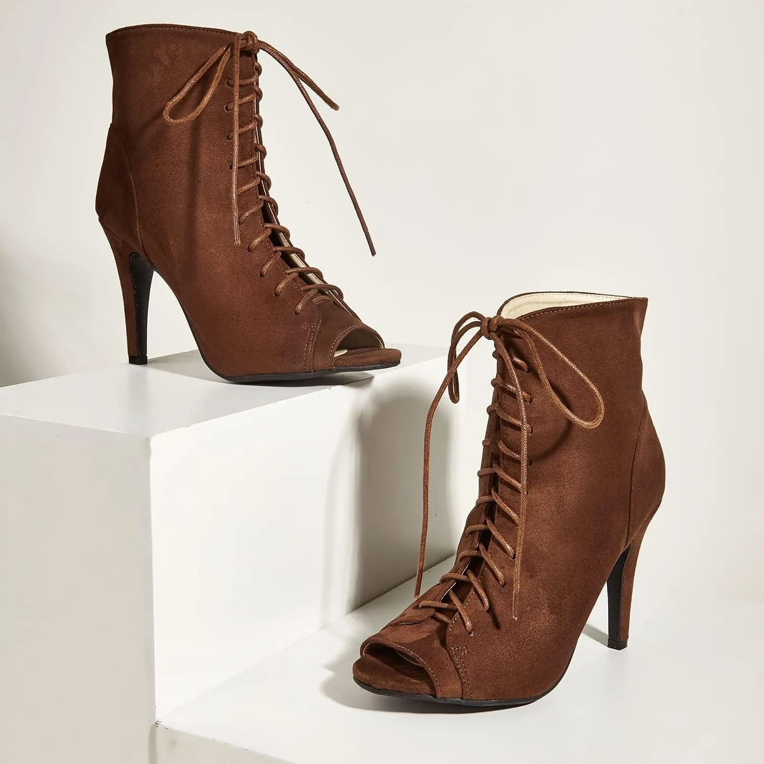 GATUXUS Women Platform Open Toe Lace Up High Heel Boots Ankle Booties Pump Shoes