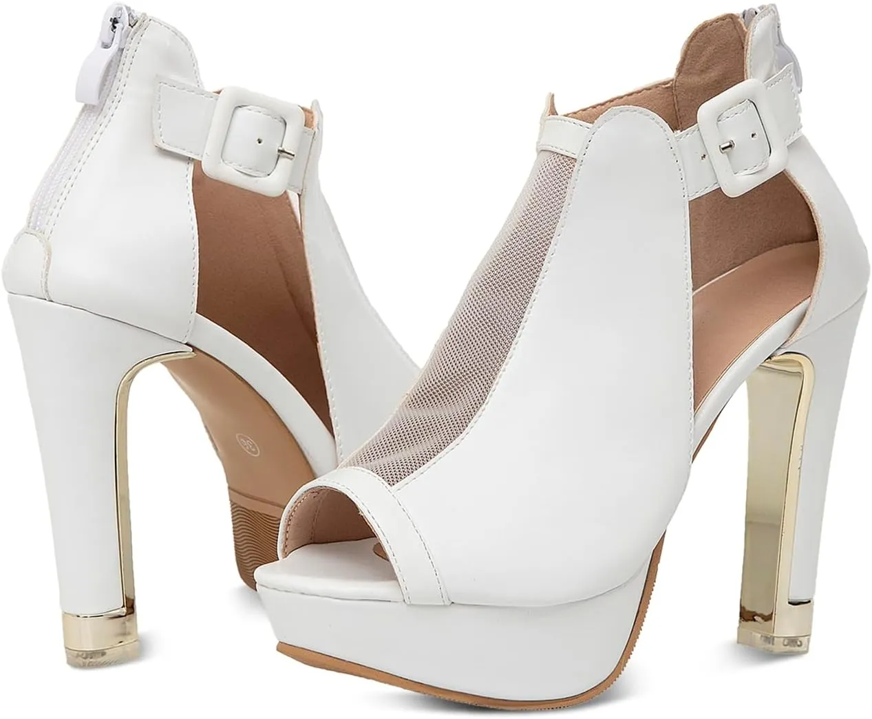 GATUXUS Women's Block Heels Cutout Ankle Booties Peep Toe Back Zipper High Heeled Sandals Dress Shoes