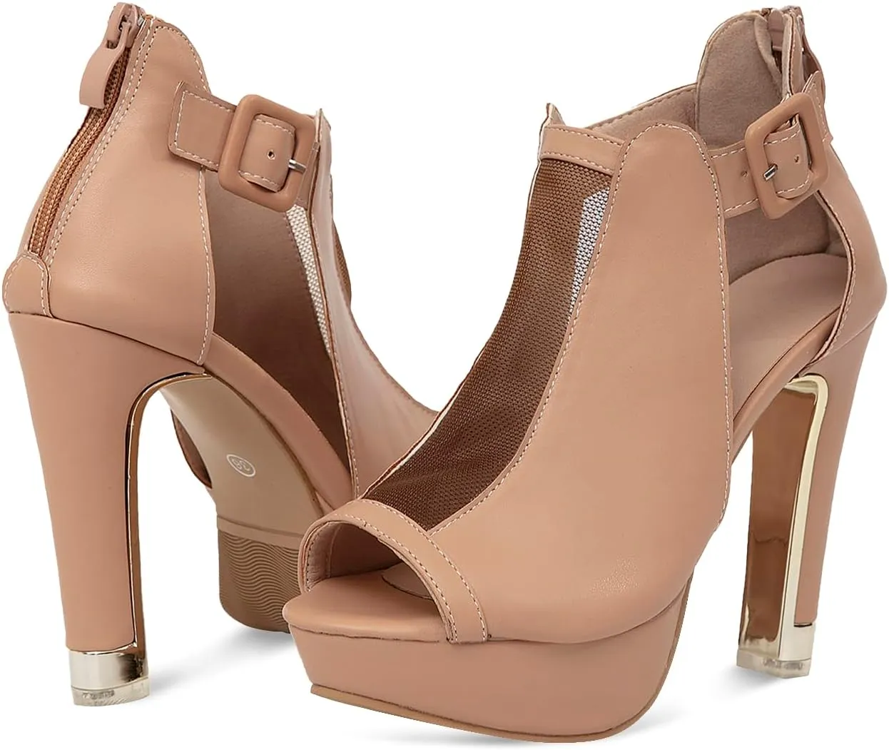 GATUXUS Women's Block Heels Cutout Ankle Booties Peep Toe Back Zipper High Heeled Sandals Dress Shoes