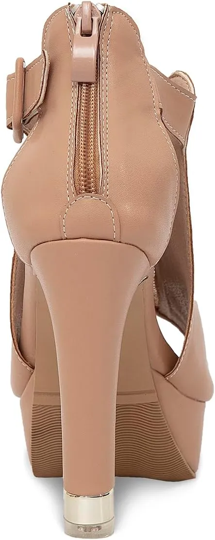 GATUXUS Women's Block Heels Cutout Ankle Booties Peep Toe Back Zipper High Heeled Sandals Dress Shoes