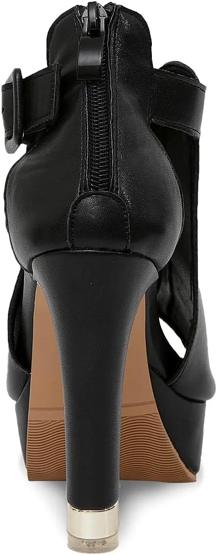 GATUXUS Women's Block Heels Cutout Ankle Booties Peep Toe Back Zipper High Heeled Sandals Dress Shoes