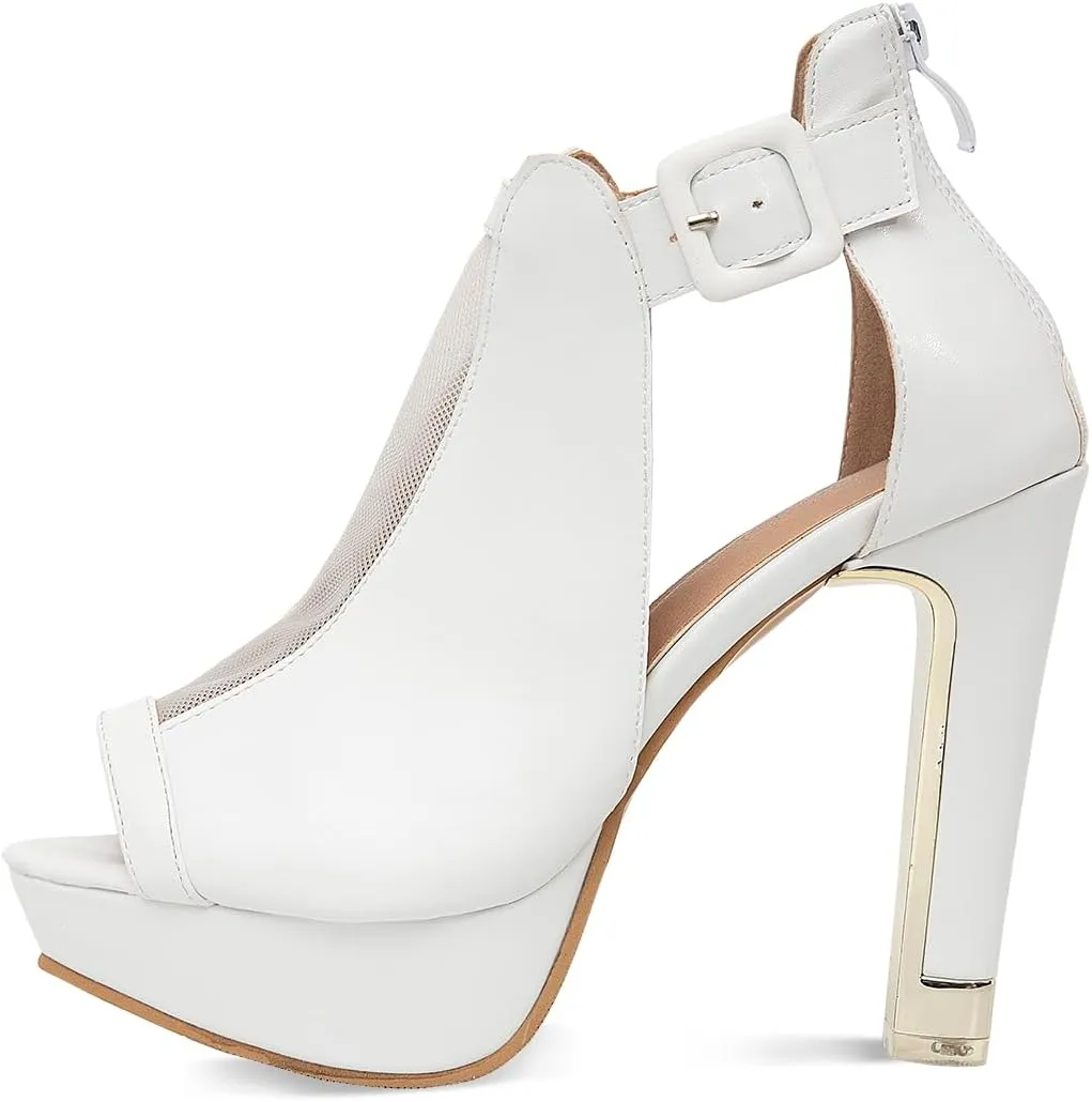GATUXUS Women's Block Heels Cutout Ankle Booties Peep Toe Back Zipper High Heeled Sandals Dress Shoes