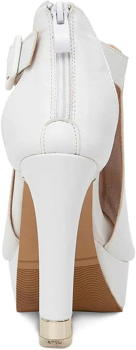 GATUXUS Women's Block Heels Cutout Ankle Booties Peep Toe Back Zipper High Heeled Sandals Dress Shoes