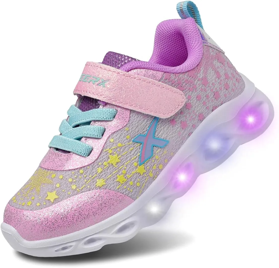 GEERX LUMI Kid Girls Light Up Shoes Toddler Flashing Lights Sneakers Sparkle Glitter Star Tennis Shoe (Toddler, Little Kid)