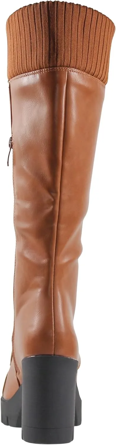 Generation Y Women's Knee High Combat Boots Lace Up Chunky Heel Knitted Cuff Zipper Closure
