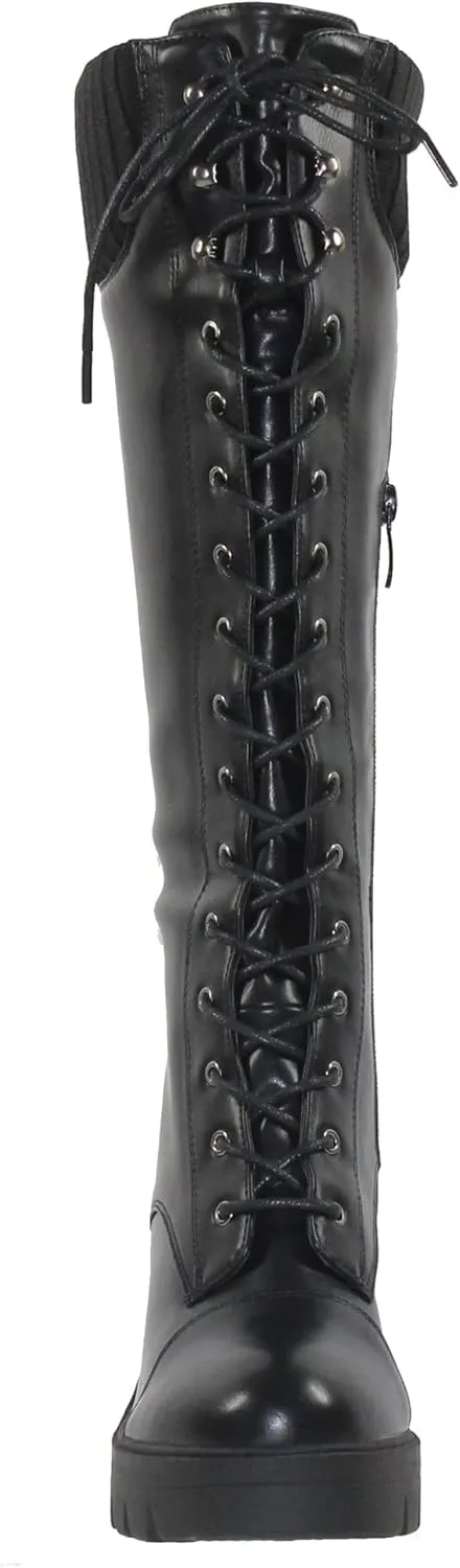 Generation Y Women's Knee High Combat Boots Lace Up Chunky Heel Knitted Cuff Zipper Closure