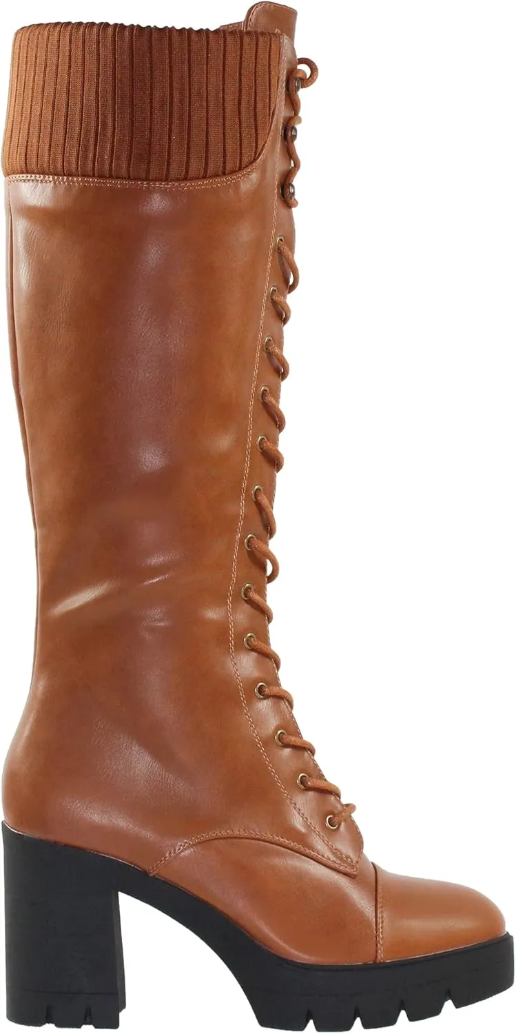 Generation Y Women's Knee High Combat Boots Lace Up Chunky Heel Knitted Cuff Zipper Closure