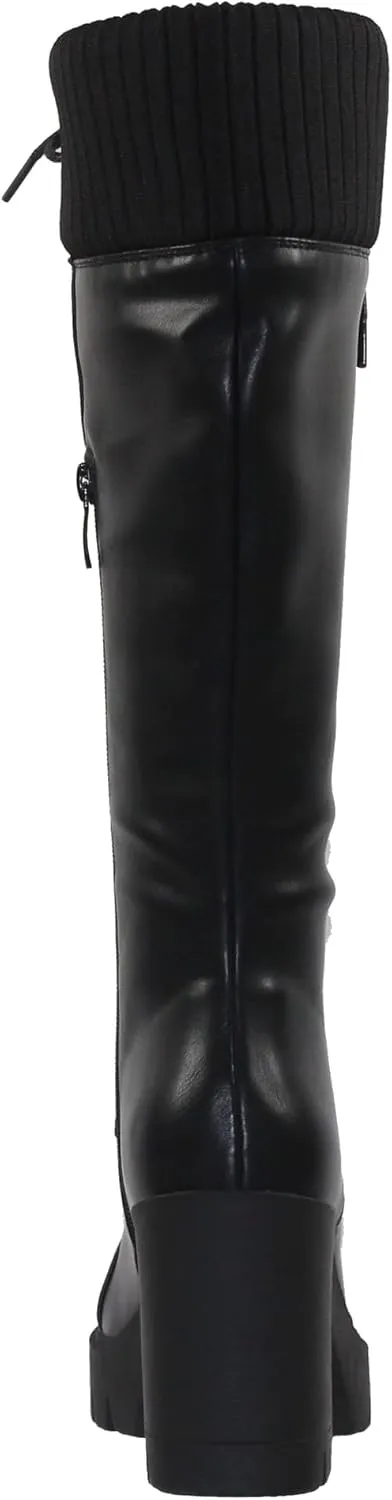 Generation Y Women's Knee High Combat Boots Lace Up Chunky Heel Knitted Cuff Zipper Closure