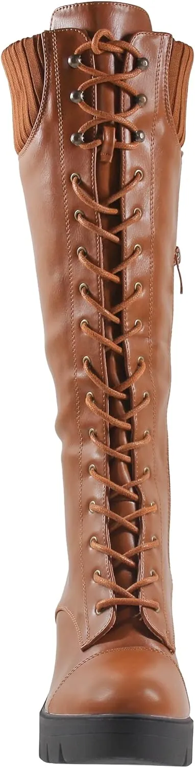 Generation Y Women's Knee High Combat Boots Lace Up Chunky Heel Knitted Cuff Zipper Closure