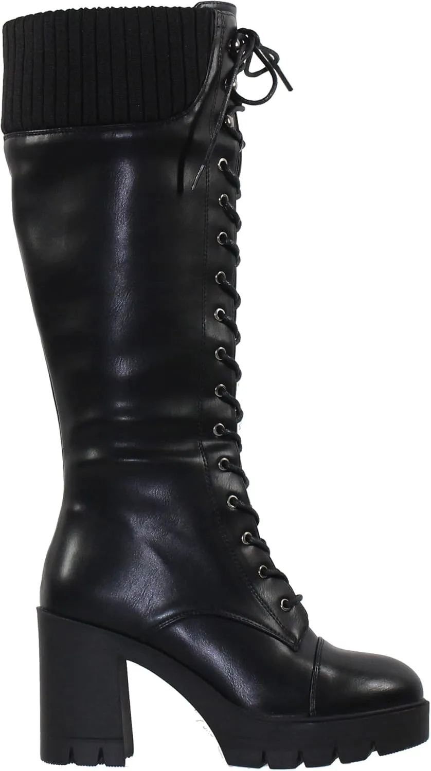 Generation Y Women's Knee High Combat Boots Lace Up Chunky Heel Knitted Cuff Zipper Closure