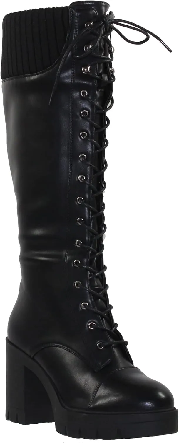 Generation Y Women's Knee High Combat Boots Lace Up Chunky Heel Knitted Cuff Zipper Closure
