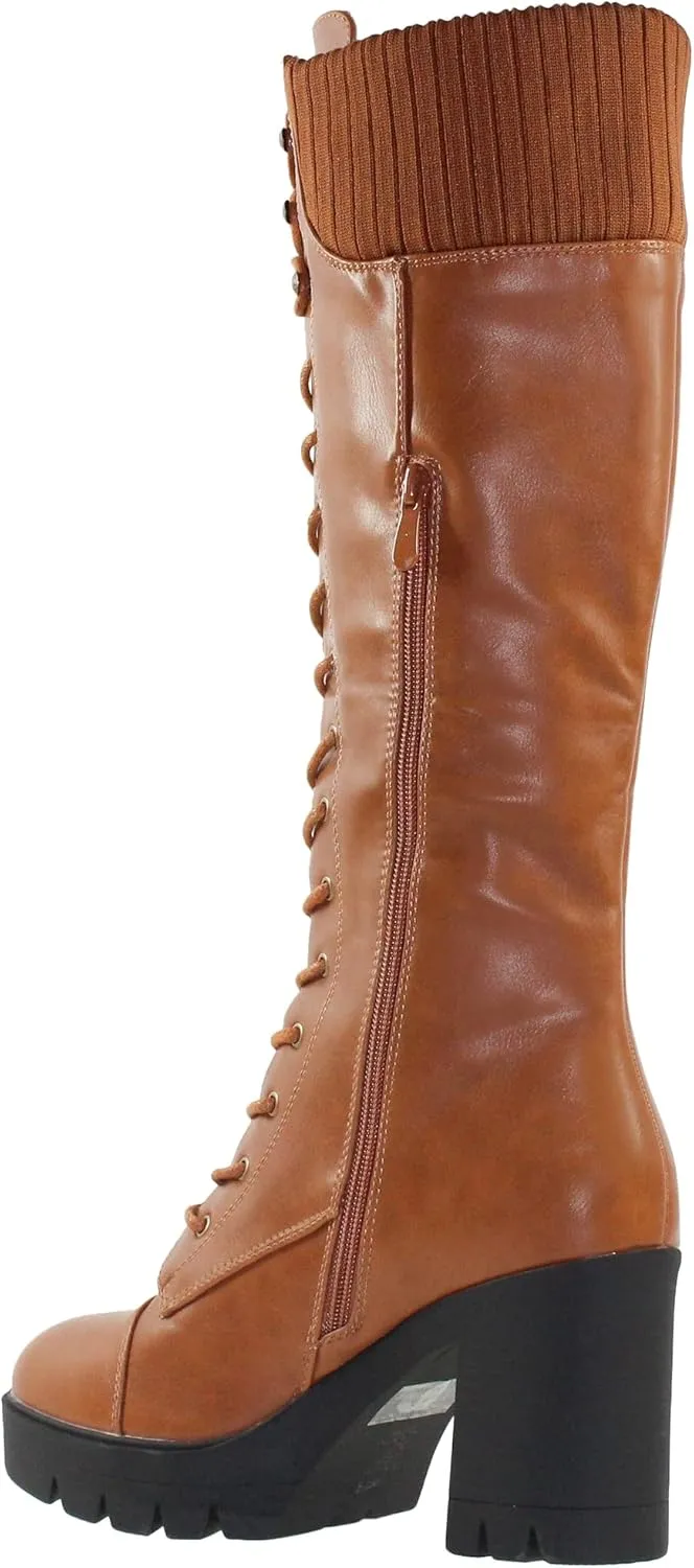 Generation Y Women's Knee High Combat Boots Lace Up Chunky Heel Knitted Cuff Zipper Closure