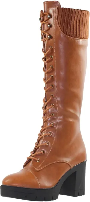 Generation Y Women's Knee High Combat Boots Lace Up Chunky Heel Knitted Cuff Zipper Closure