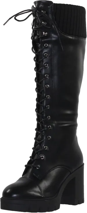 Generation Y Women's Knee High Combat Boots Lace Up Chunky Heel Knitted Cuff Zipper Closure