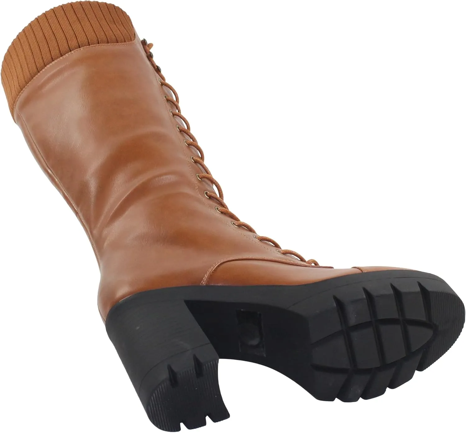 Generation Y Women's Knee High Combat Boots Lace Up Chunky Heel Knitted Cuff Zipper Closure