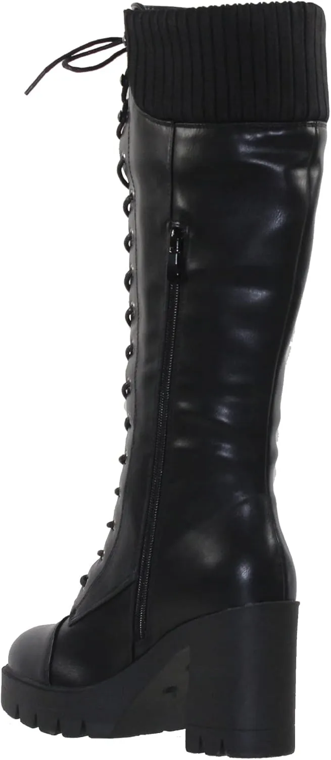 Generation Y Women's Knee High Combat Boots Lace Up Chunky Heel Knitted Cuff Zipper Closure