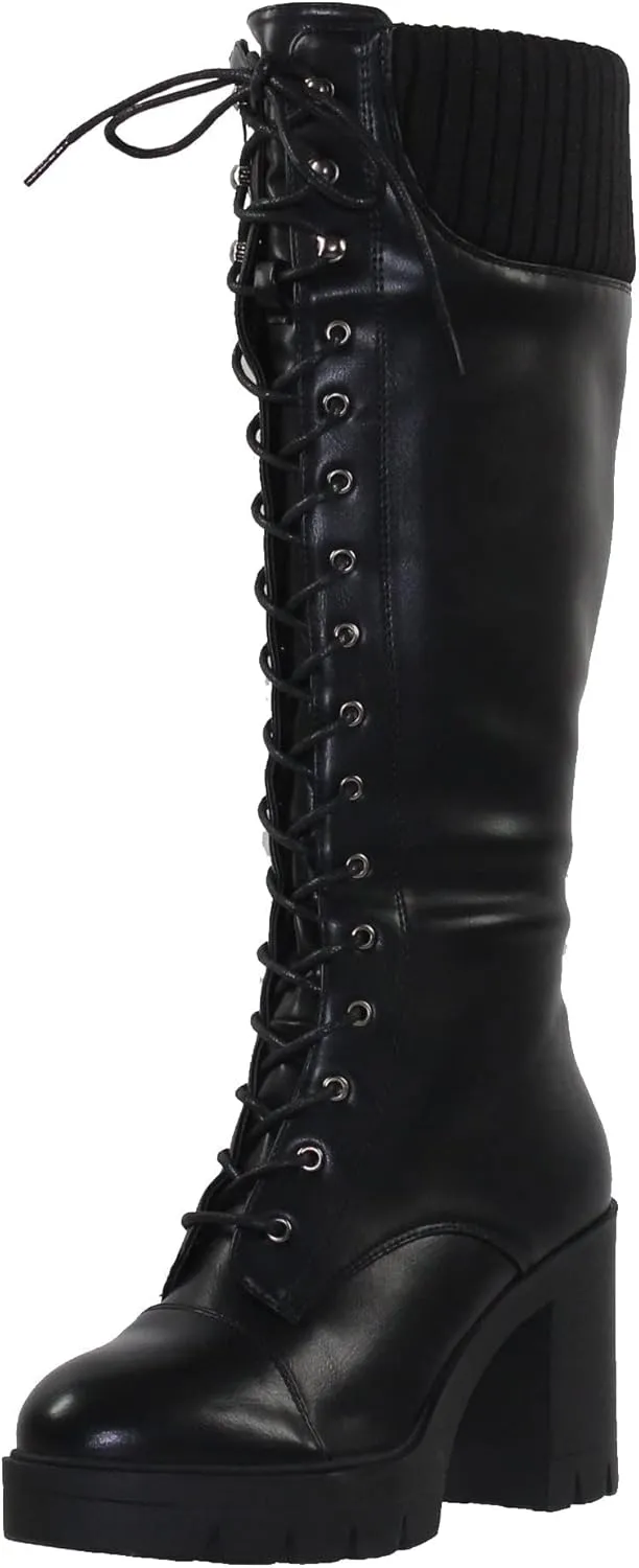 Generation Y Women's Knee High Combat Boots Lace Up Chunky Heel Knitted Cuff Zipper Closure