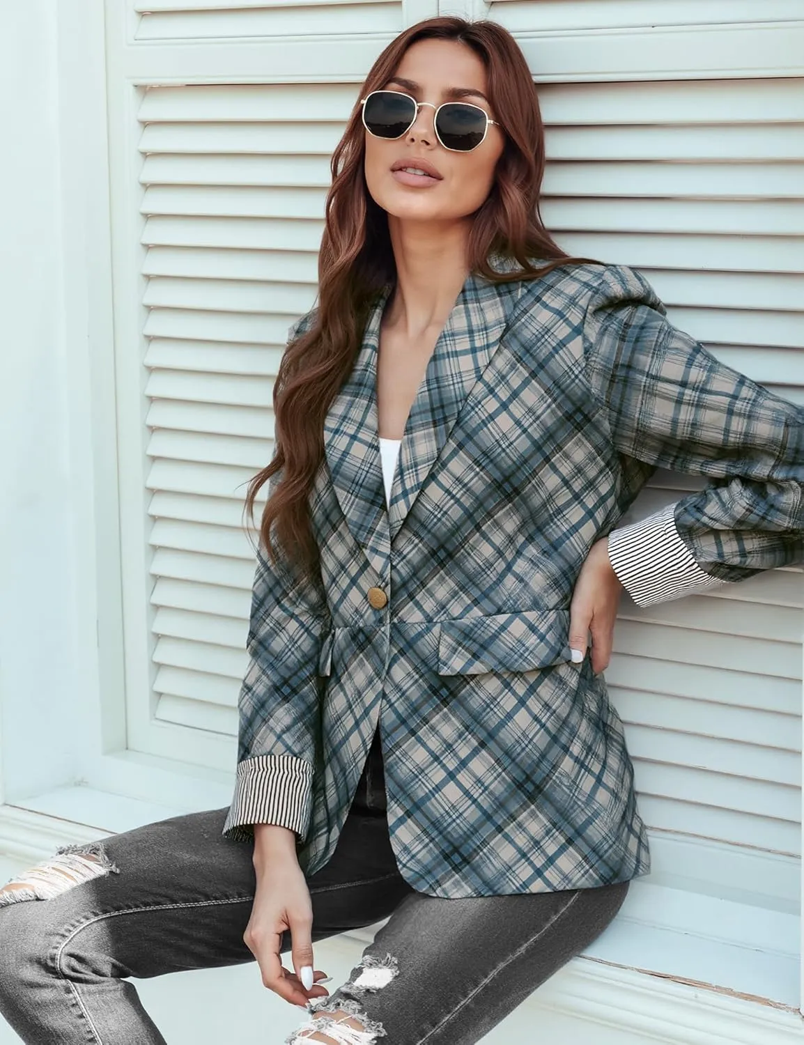 Genhoo Blazer Jackets for Women Open Front Long Sleeve Work Office Casual Blazers with Pockets S-2XL
