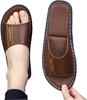 Genuine Leather Open Toe Summer Sandals, Unisex Cowhide PU Non Slip Home & Outdoor Comfy Slippers