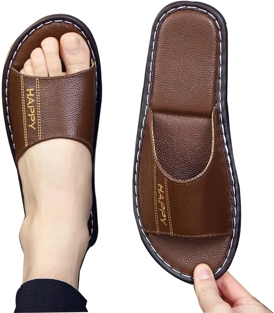 Genuine Leather Open Toe Summer Sandals, Unisex Cowhide PU Non Slip Home & Outdoor Comfy Slippers