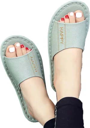 Genuine Leather Open Toe Summer Sandals, Unisex Cowhide PU Non Slip Home & Outdoor Comfy Slippers