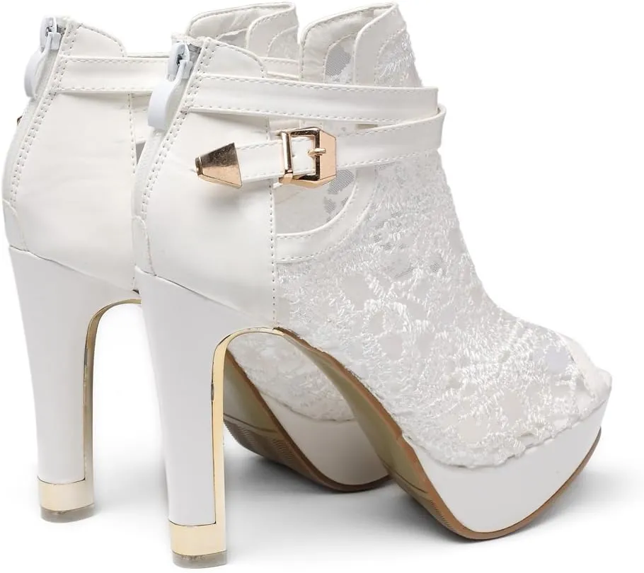 getmorebeauty Women's Pretty Lace Flowers Open Toes High Heels Ankle Boots