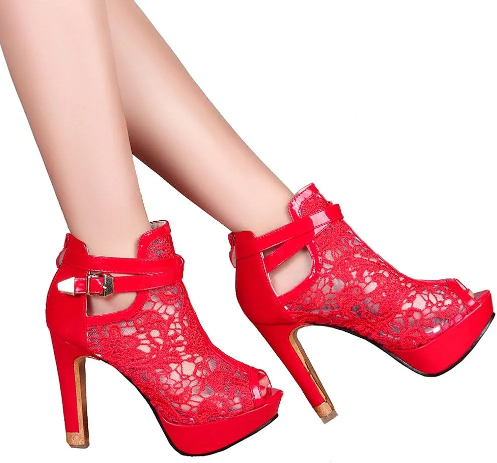 getmorebeauty Women's Pretty Lace Flowers Open Toes High Heels Ankle Boots