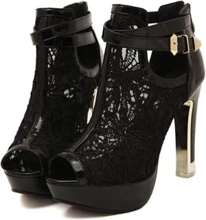 getmorebeauty Women's Pretty Lace Flowers Open Toes High Heels Ankle Boots