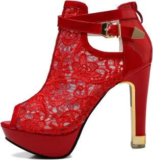 getmorebeauty Women's Pretty Lace Flowers Open Toes High Heels Ankle Boots